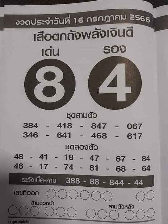 เลขเสือตกถังพลังเงินดี 16/7/66